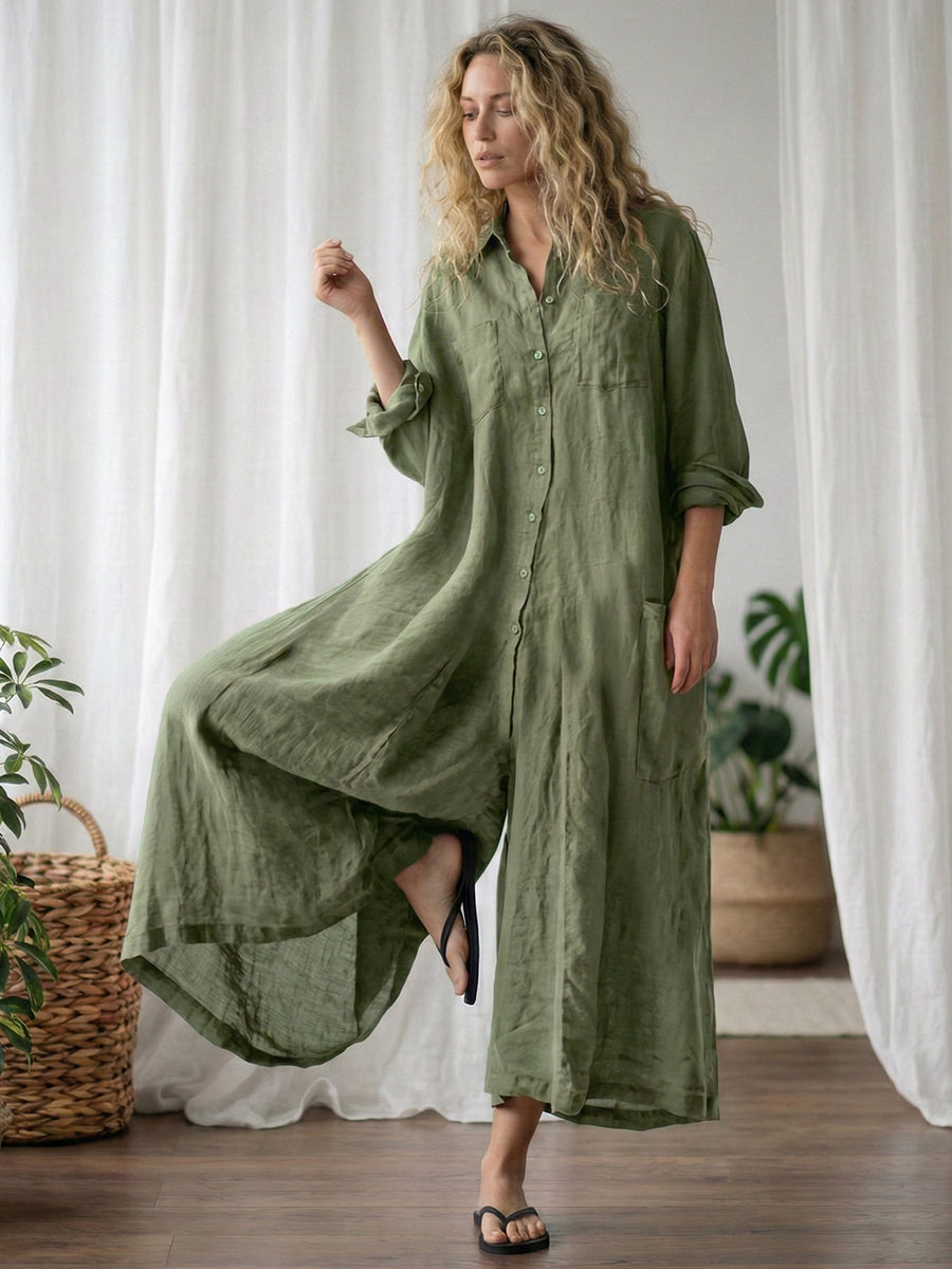 Women’s Relaxed-Fit Linen Button-Down Long-Sleeve Jumpsuit
