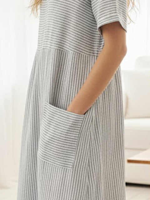 Linen Pinstripe Paneled Short-Sleeved Dress