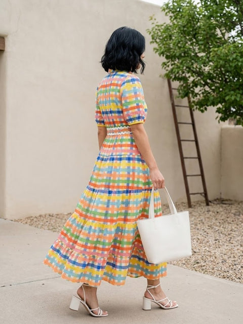 Colorful Square Art Print Collared Shirt Dress