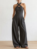 Women's Cross-neck Halter Design Cotton-linen Jumpsuit