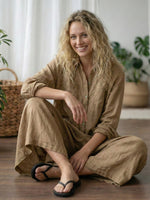 Women’s Relaxed-Fit Linen Button-Down Long-Sleeve Jumpsuit