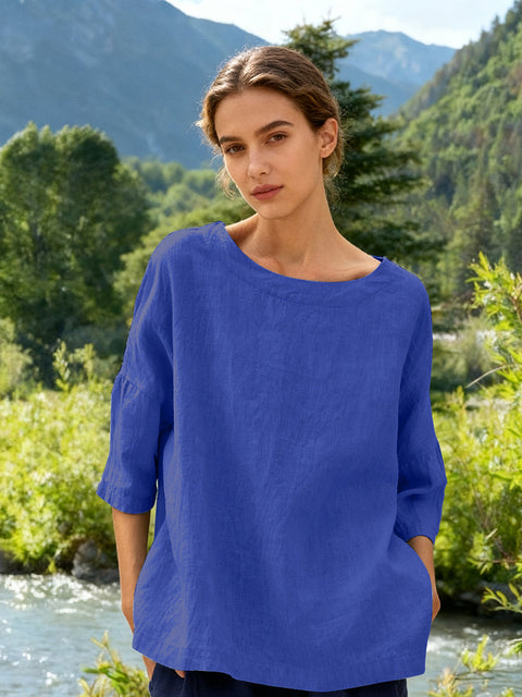 Linen Boatneck 3/4 Length Sleeve Top Navy blue / S