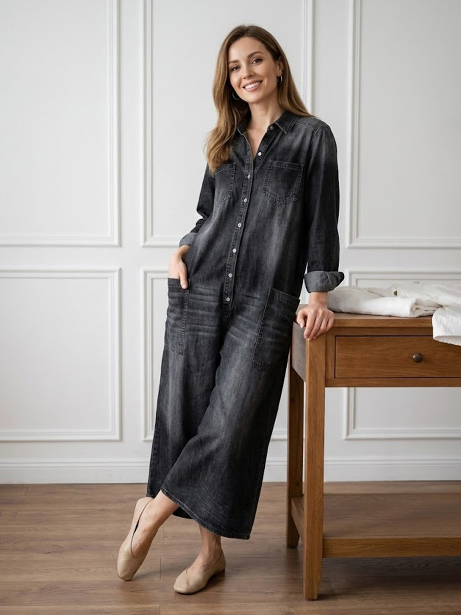 Womens Washed Dark Denim Pocket Button Down Jumpsuit