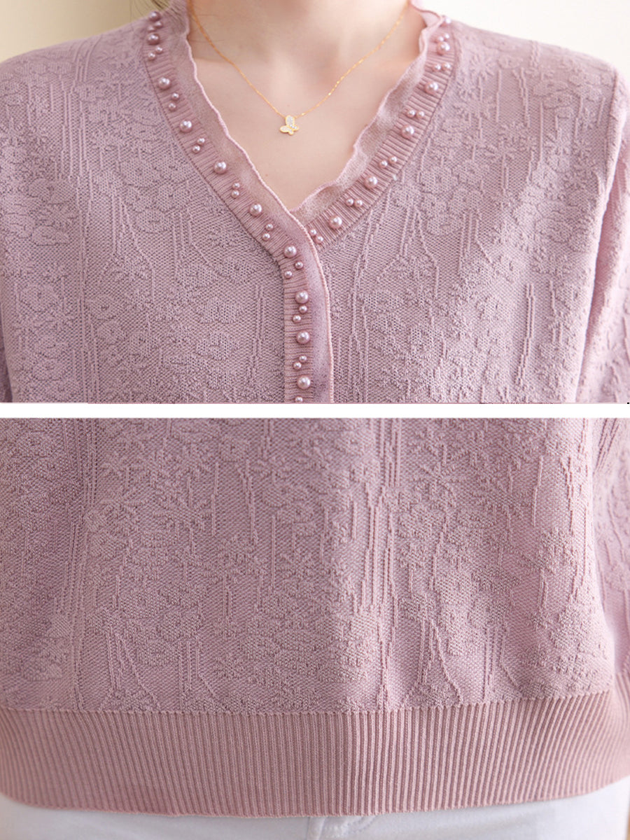 Casual And Cozy Jacquard Knit Pullover With Pearl-embellished Collar