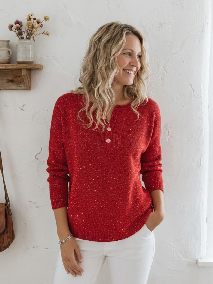 Women's Shiny Henley Neck Solid Color Sweater Top