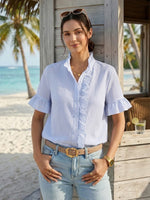 Vertical-striped Seersucker Short-sleeve Shirt With Ruffled Details
