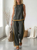 Women's Round Neck Sleeveless Casual Loose Top And High-waisted Loose Wide-leg Pants Cotton And Linen Set