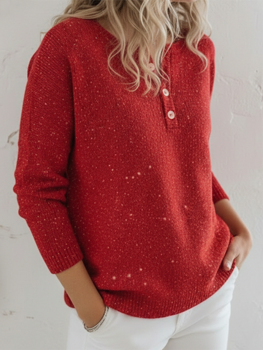 Women's Shiny Henley Neck Solid Color Sweater Top