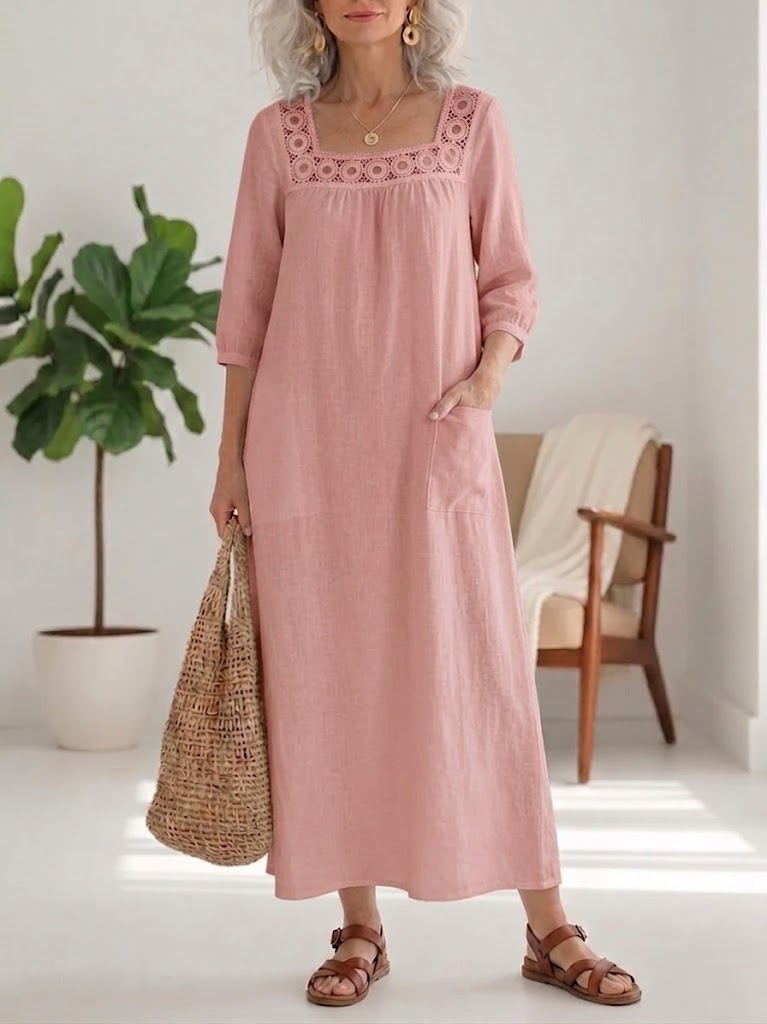 Loose-fit Casual Plaid Linen And Cotton Dress