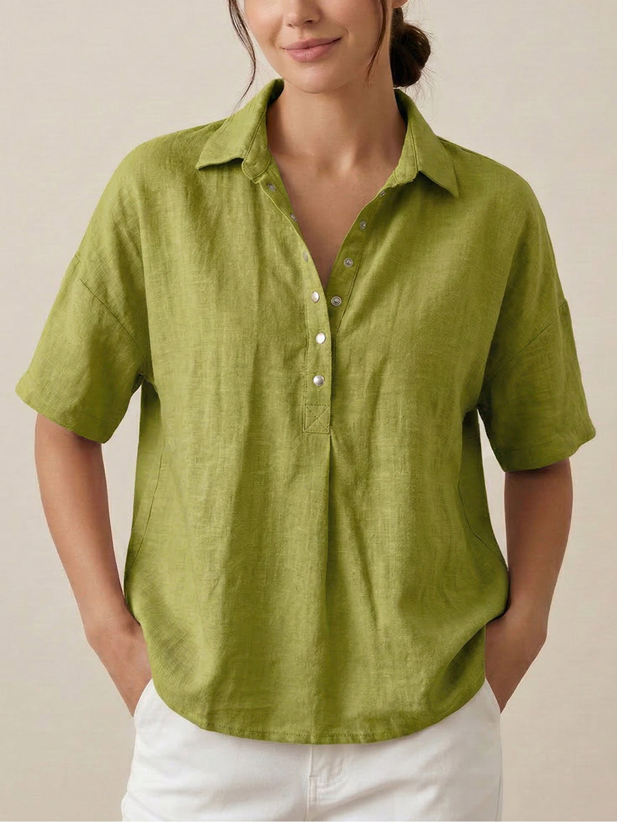 FIORACHIC Women’s Cotton Linen Polo Collar Short Sleeve Casual Shirt