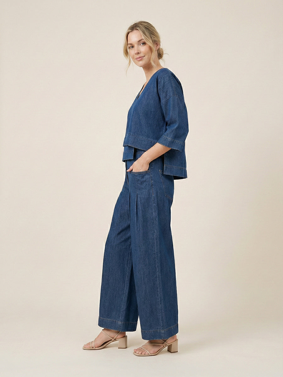 Women's Casual Denim Cotton Top And Pants Two-piece Set