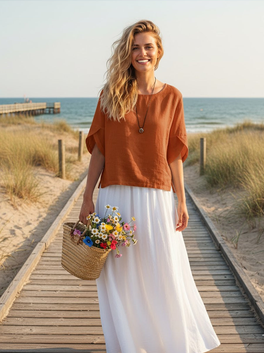 Linen Round Neck Petal-Sleeve Pullover Orange / S