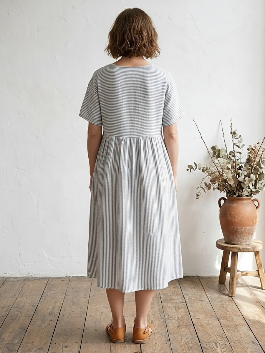 Womens Linen Pinstripe Paneled Short-Sleeved Dress