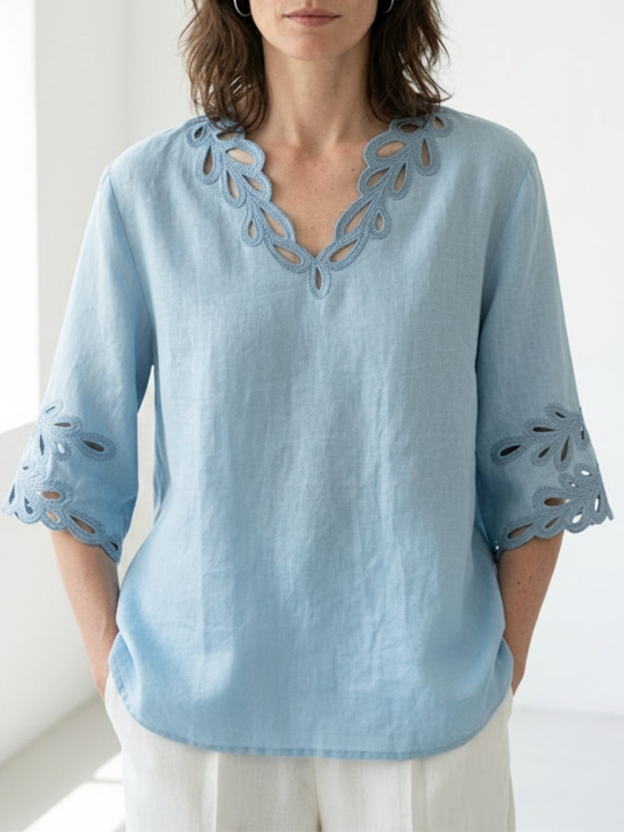 Linen Blouse for Women Embroidered V-Neck Loose Fit Breathable Summer Top