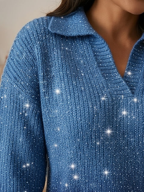 Dreamy Starry Sky Gradient Polo Collar Knit Sweater Top