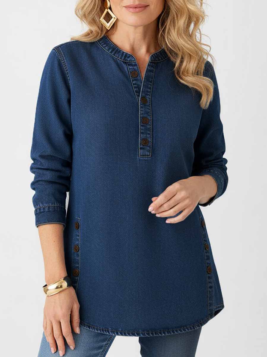 Women's V-neck Long-sleeved Casual Button-up Loose Denim Top