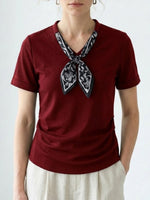 Women’s 100% Cotton T-Shirt with Scarf Detail Elegant Casual Summer Top, Soft Breathable Short Sleeve Blouse