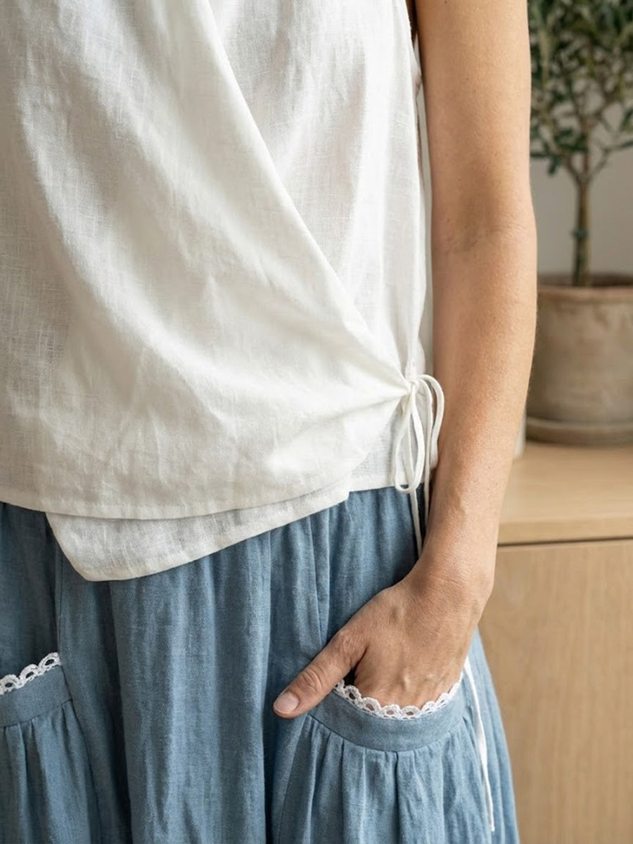 Linen Halter Neck Tie-Front Crop Top