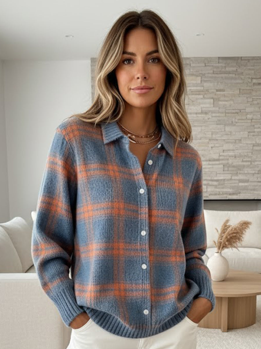 Women's Plaid Print Casual Cotton Buttoned Cardigan Sweater