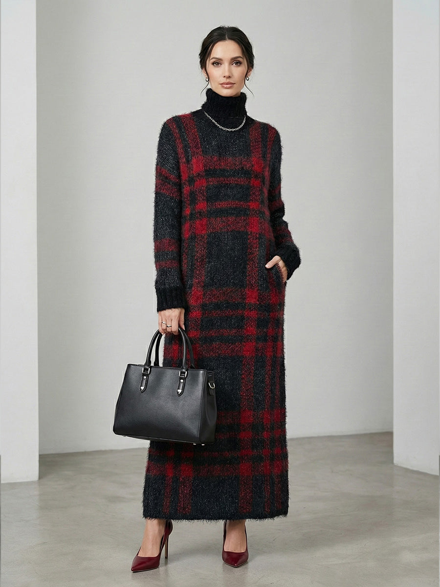 Women’s Loose Red & Black Plaid High-Collar Maxi Dresses
