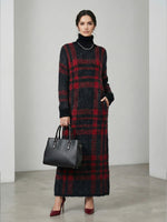 Women’s Loose Red & Black Plaid High-Collar Maxi Dresses