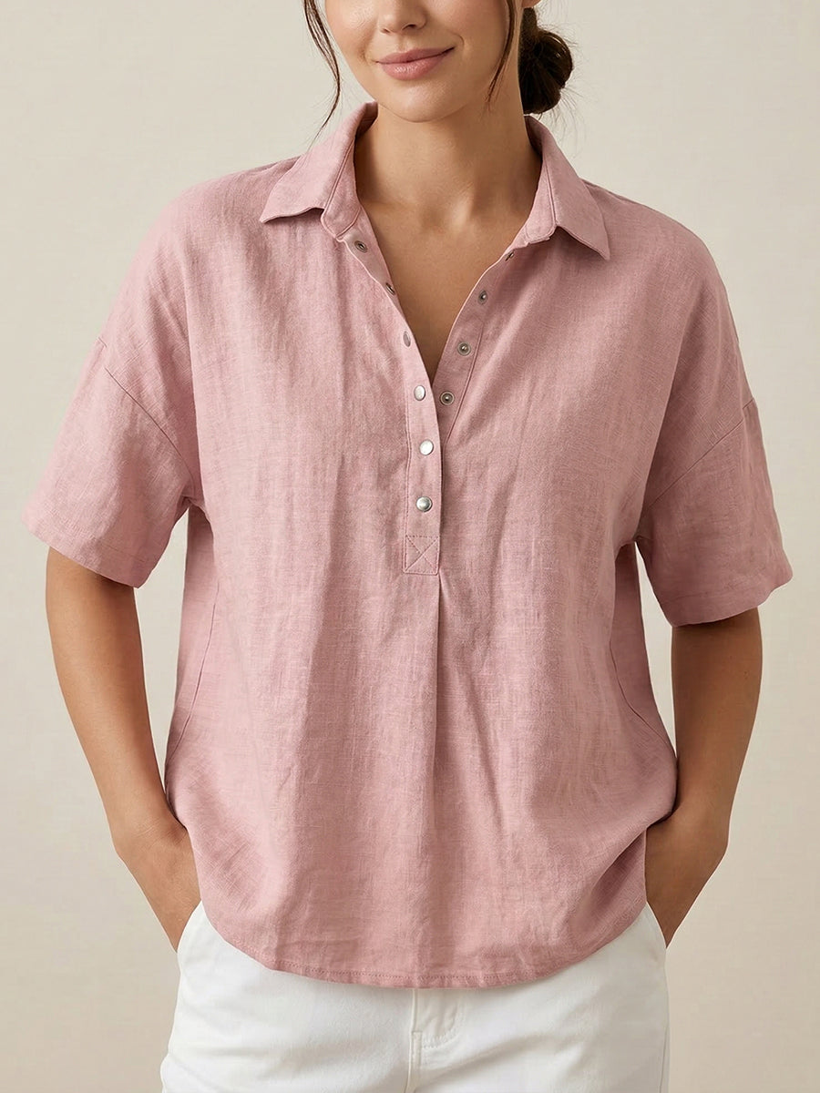 FIORACHIC Women’s Cotton Linen Polo Collar Short Sleeve Casual Shirt