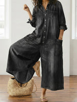 Womens Washed Dark Denim Pocket Button Down Jumpsuit
