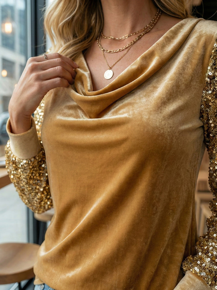 Stylish women's velvet turtleneck long-sleeved T-shirt with sequin embellishments