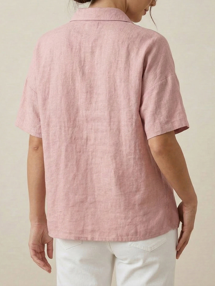 FIORACHIC Women’s Cotton Linen Polo Collar Short Sleeve Casual Shirt
