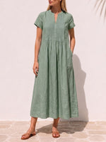 Casual Pleated Linen And Cotton Short-sleeve Dress