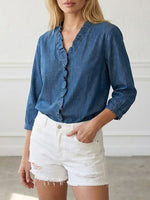 Women's tops Casual Denim V-Neck Ruffled Shirt