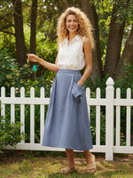 Linen Checked Elastic Waist Skirt Blue / S