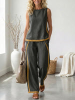 Women's Round Neck Sleeveless Casual Loose Top And High-waisted Loose Wide-leg Pants Cotton And Linen Set