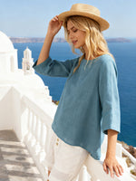 Linen Round Neck Asymmetrical Hem Top