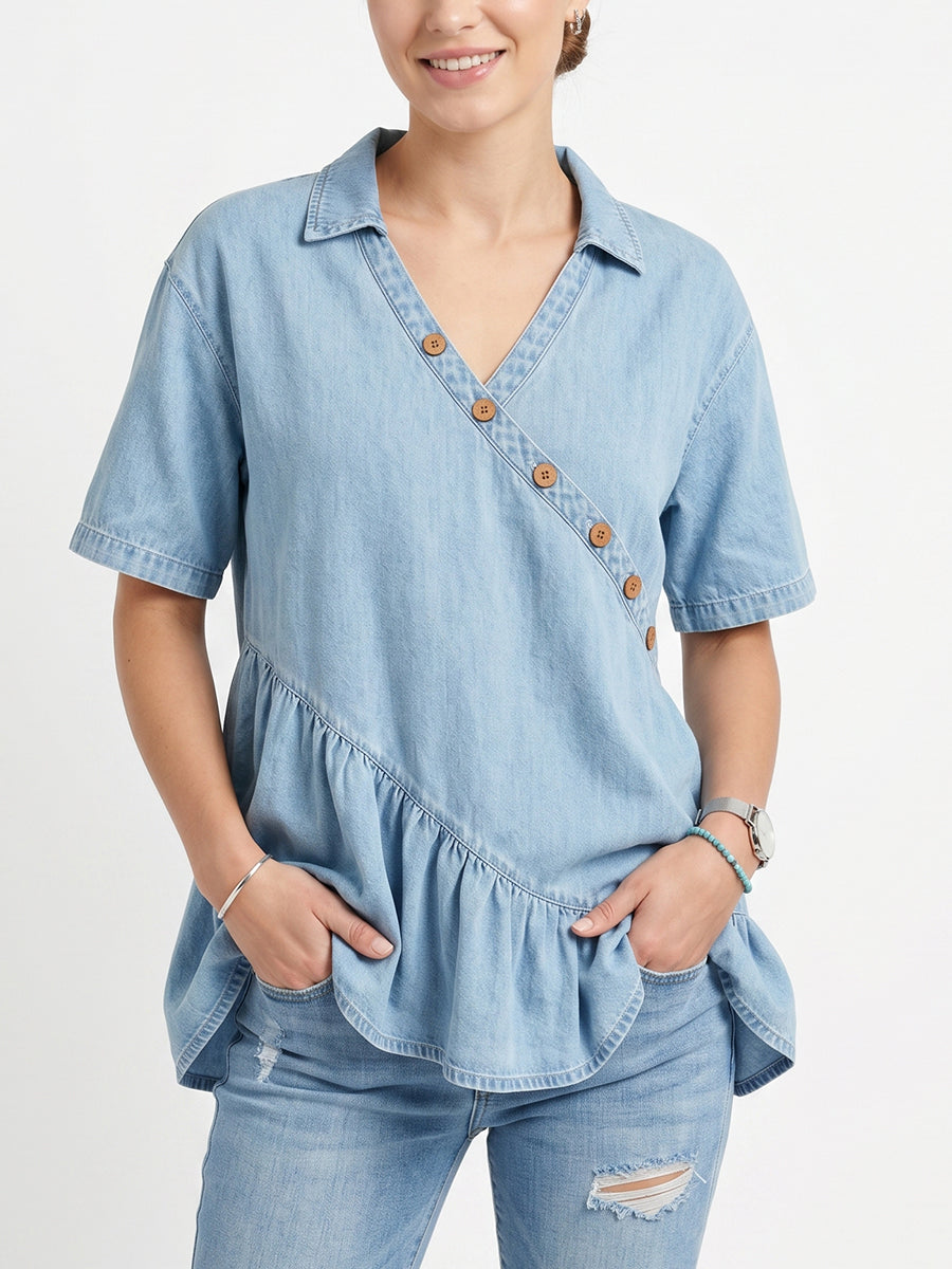 Women's Vintage Casual Ruffles Denim Short Sleeve Shirt