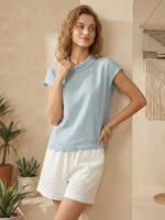 Linen Cap Sleeve Soft-Fold Collar Top