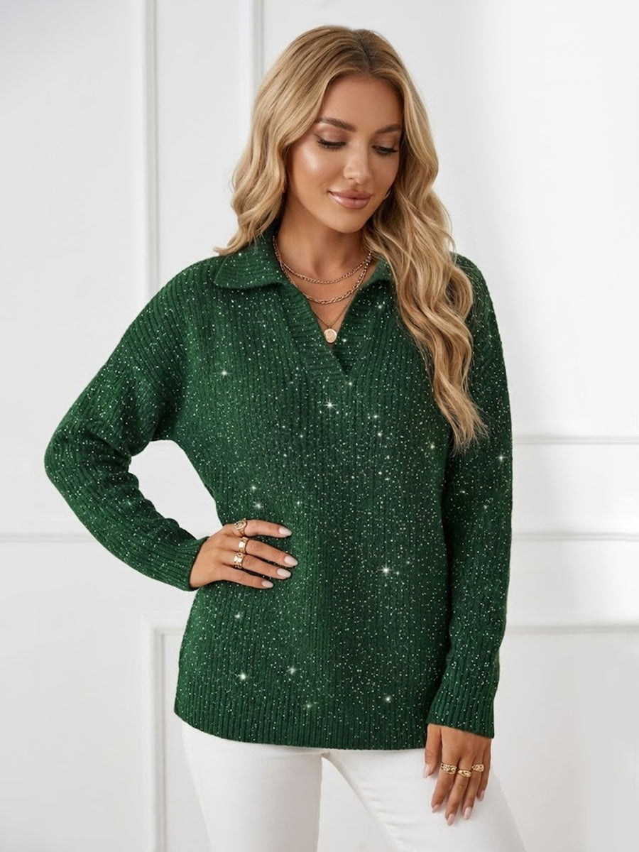 Christmas Party Polo Collar Shiny Loose Sweater Top