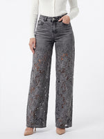 Women's High-Waisted Lace Patchwork Flowy Wide-Leg Denim Pants
