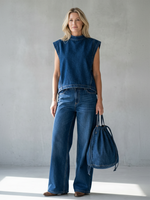 Women's Stand-collar Sleeveless Casual Loose Top And High-waisted Loose Wide-leg Denim Pants Set