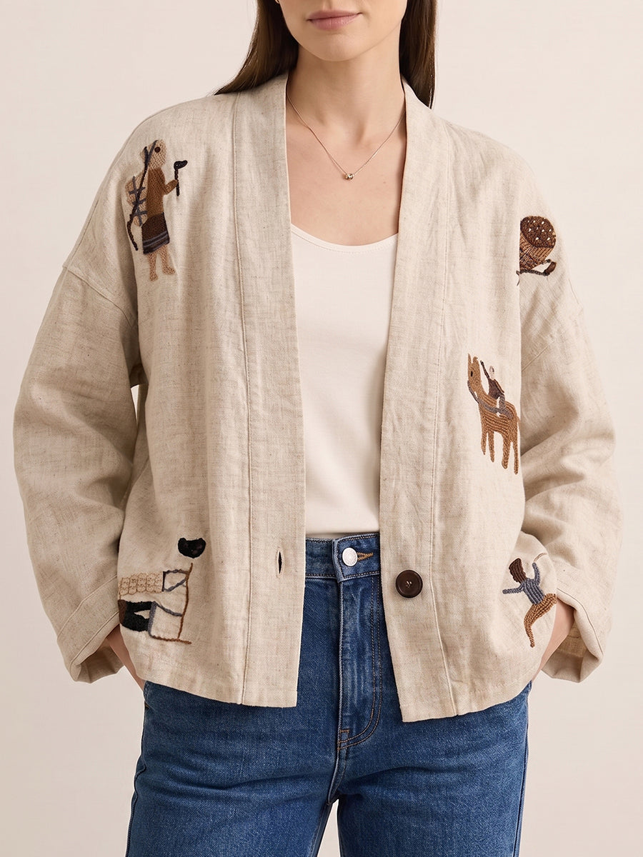 Casual Embroidered Linen And Cotton Cardigan
