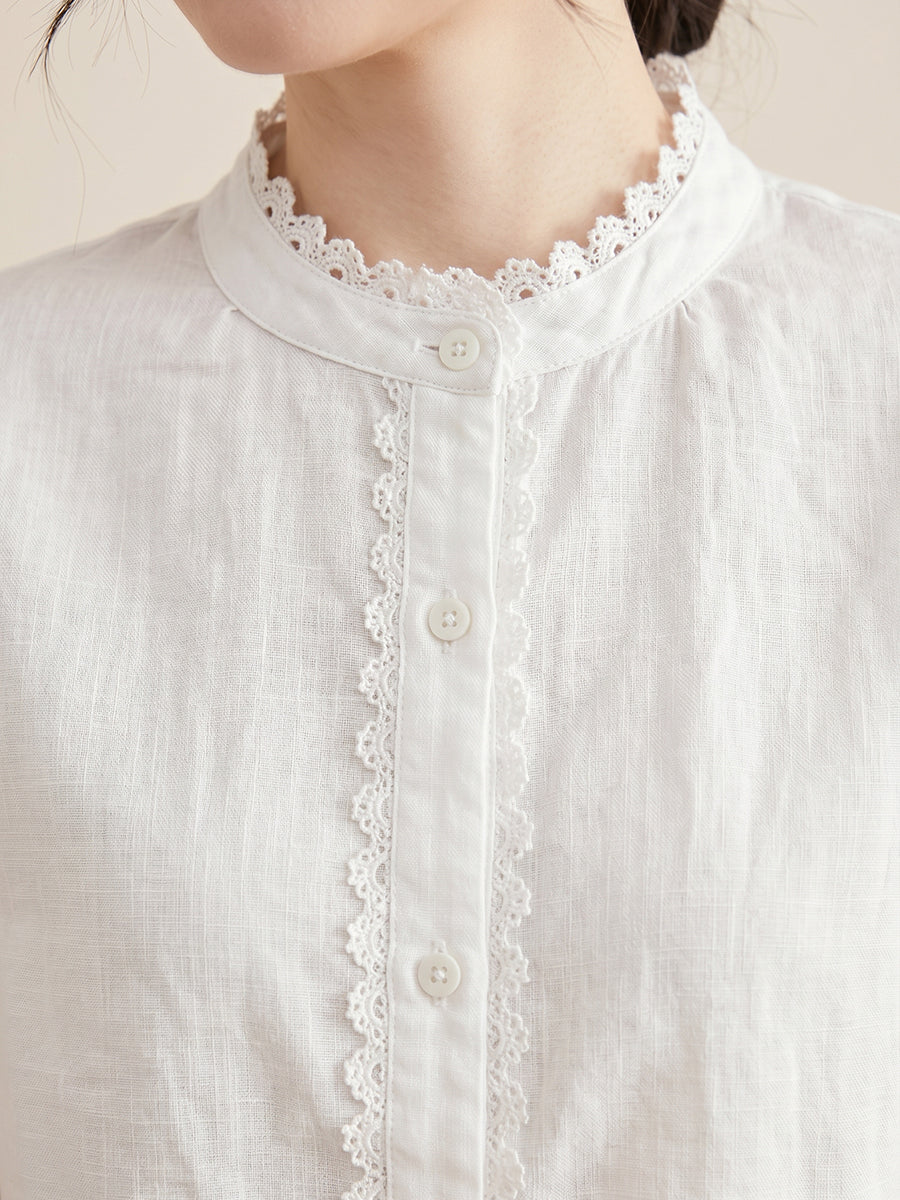 Women’s Minimal Lace Cotton Linen Top – Loose Fit Breathable Summer Blouse