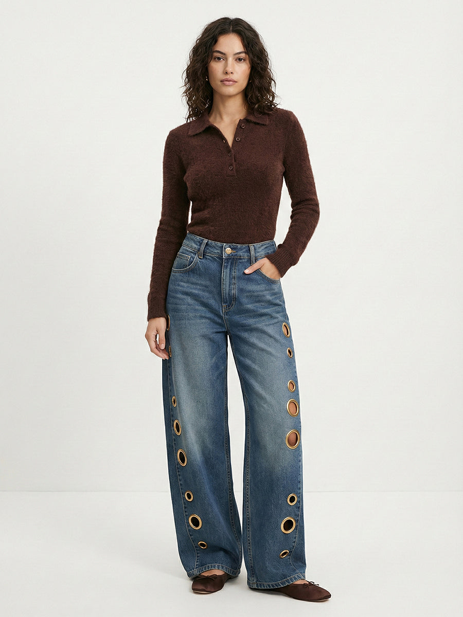 Women’s High-Waisted Wide-Leg Jeans with Side Grommet Details