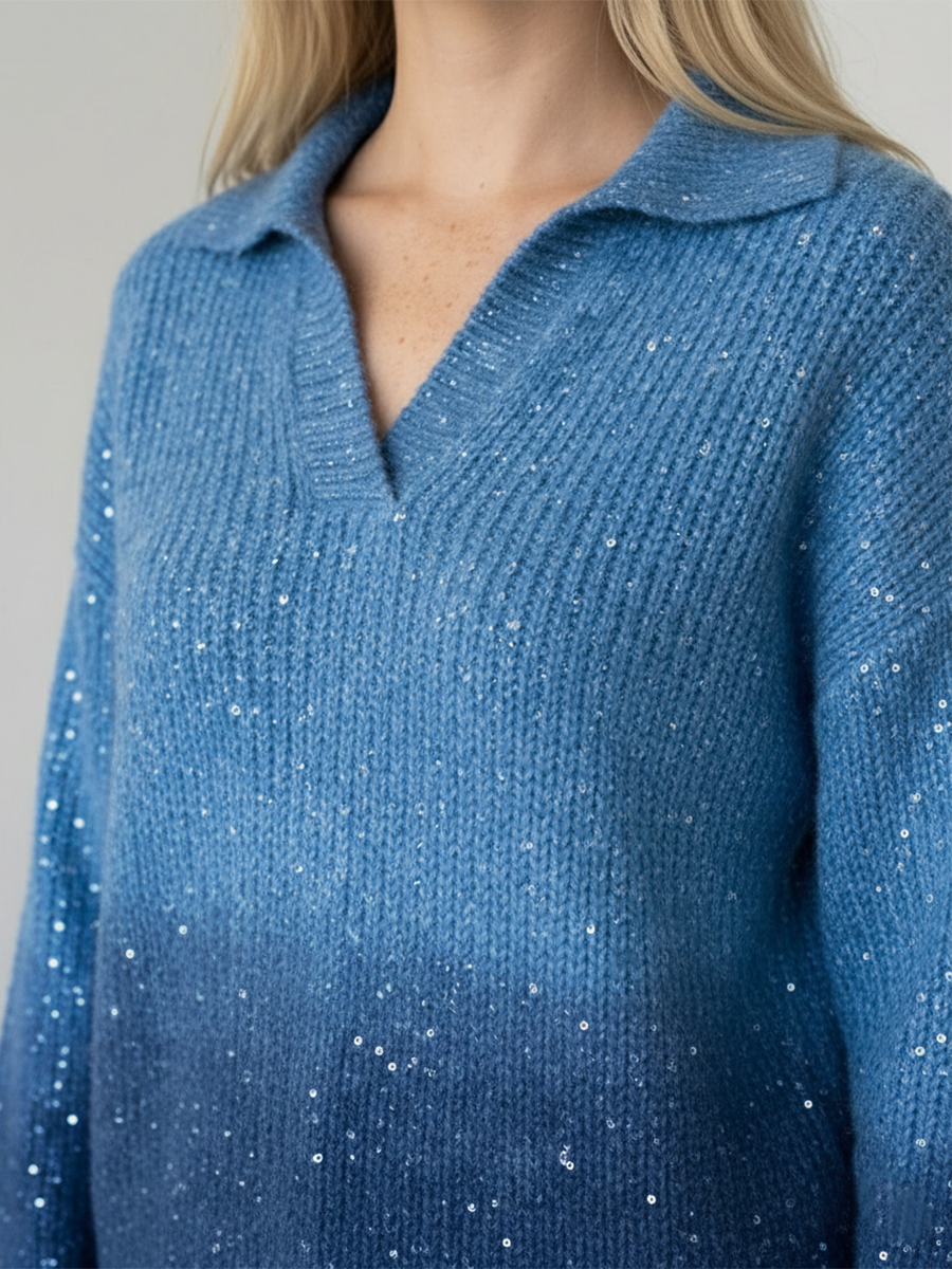 Women's Dreamy Starry Sky Gradient Polo Collar Knit Sweater Top