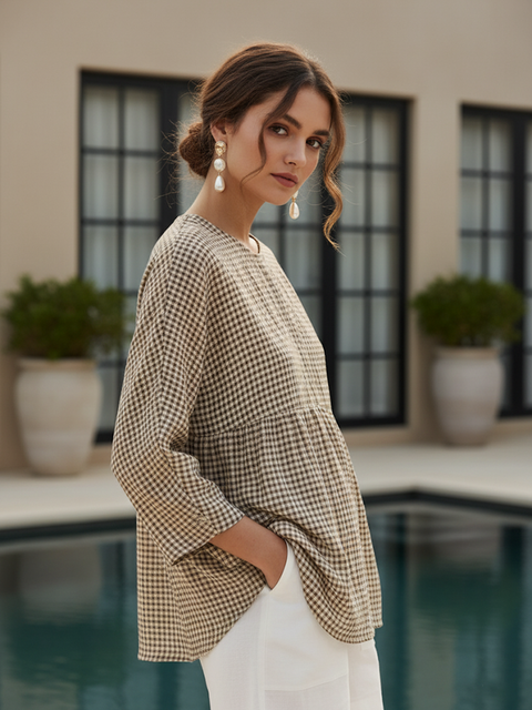 Linen Checked Long-Sleeved Top Chocolate / S