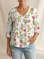 Women's Floral Pattern White Long Sleeve Linen shirt