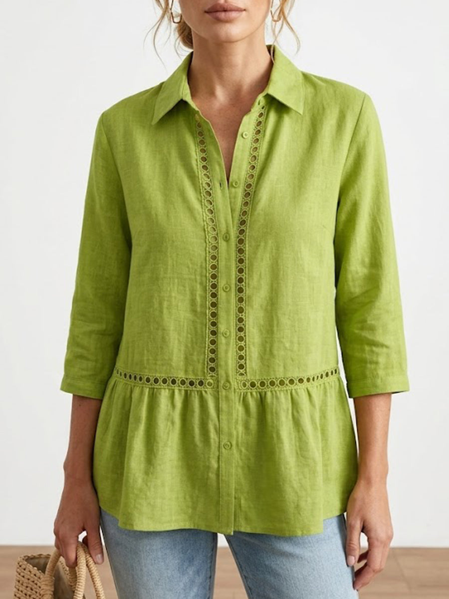 Womens Casual Patchwork Openwork Webbing Linen And Cotton Shirt