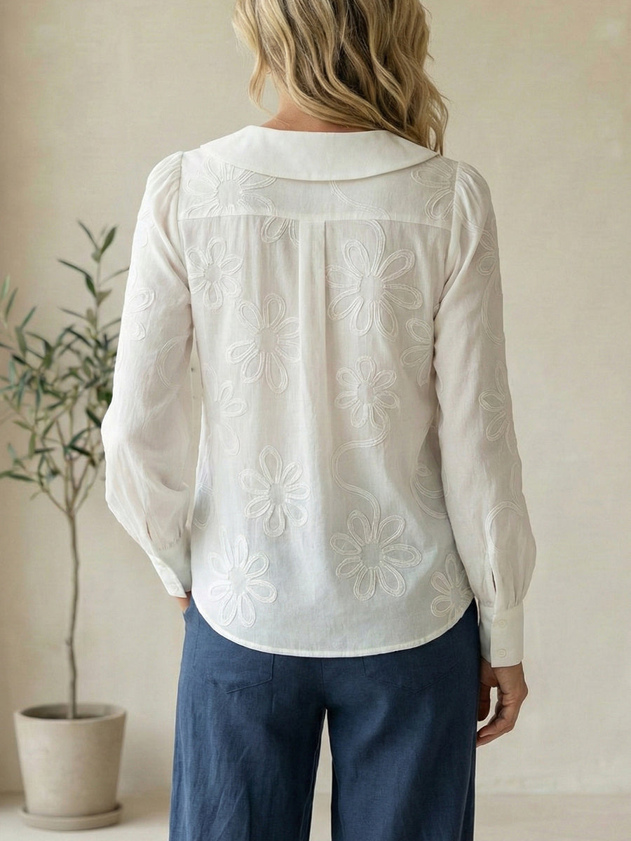 Vintage Peter Pan Collar Embroidered Floral Button-Up Shirt