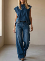 Women's Stand-collar Sleeveless Casual Loose Top And High-waisted Loose Wide-leg Denim Pants Set