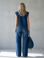 Women's Stand-collar Sleeveless Casual Loose Top And High-waisted Loose Wide-leg Denim Pants Set