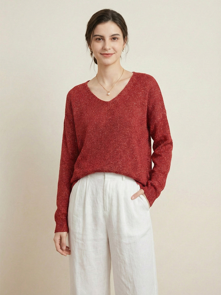 Women's V-neck Solid Color Loose Shiny Sweater